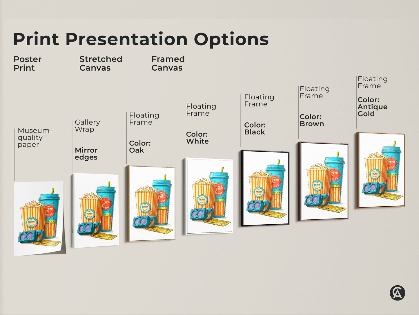Explore cinema pop art print options including posters stretched canvases and framed canvas. Each showcases retro popcorn themes with eclectic teal orange and yellow accents perfect for any entertainment space.