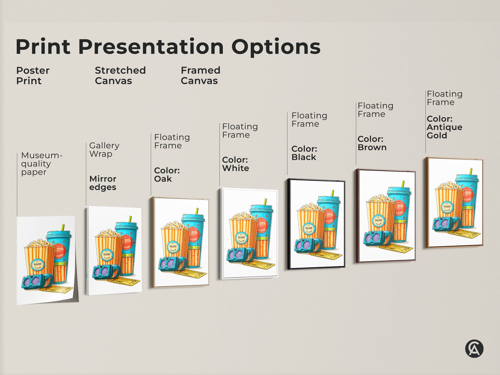 Explore cinema pop art print options including posters stretched canvases and framed canvas. Each showcases retro popcorn themes with eclectic teal orange and yellow accents perfect for any entertainment space.