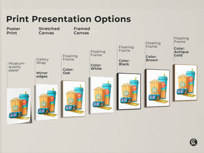 Explore cinema pop art print options including posters stretched canvases and framed canvas. Each showcases retro popcorn themes with eclectic teal orange and yellow accents perfect for any entertainment space.