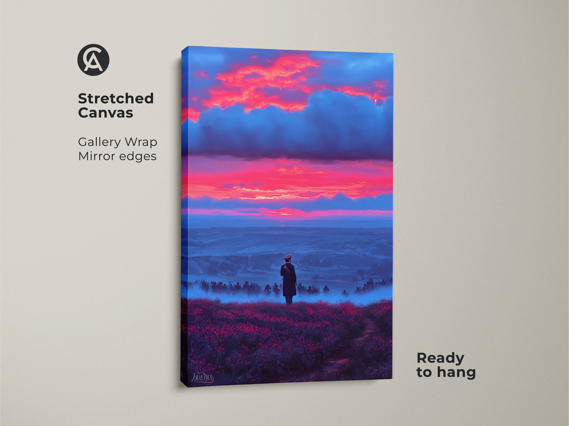 A stretched canvas print of a surreal landscape. This gallery wrap features a lone figure gazing over a misty valley under a crimson and blue sunset sky. Ready to hang this eclectic home decor art brings artistic wonder to your walls. Ideal as a unique travel gift.