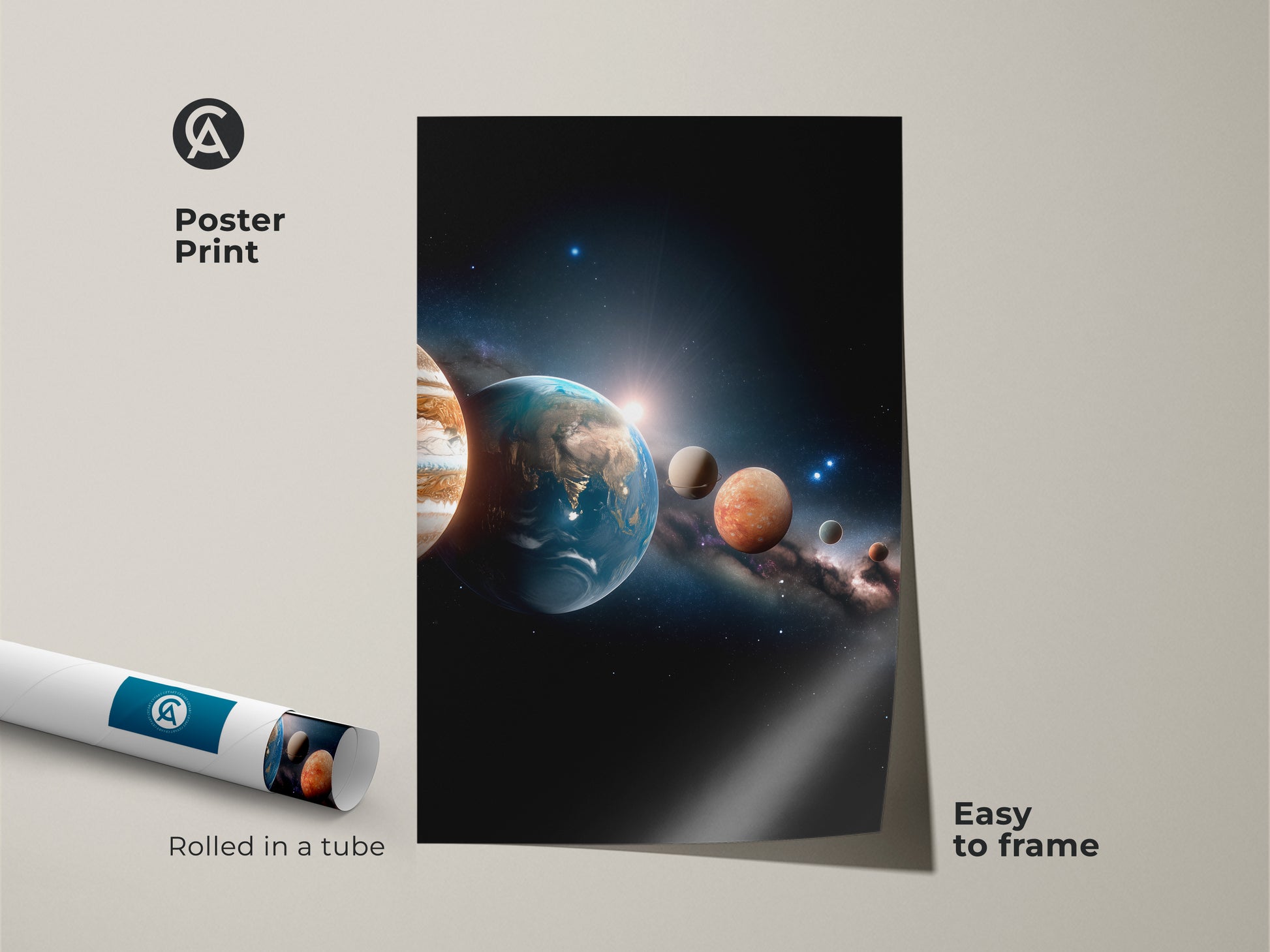 Poster print of a solar system artwork. The poster is rolled in a tube for easy framing. Enjoy the beauty of the planets in your space with this easy-to-frame print. Ideal for adding a cosmic touch.