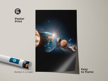 Poster print of a solar system artwork. The poster is rolled in a tube for easy framing. Enjoy the beauty of the planets in your space with this easy-to-frame print. Ideal for adding a cosmic touch.