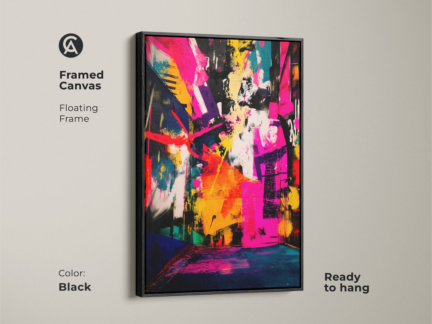 Framed canvas featuring vibrant abstract artwork. This floating frame is in a sleek black color. The modern art print is ready to hang. The painting includes bold colors like pink yellow and blue. Elevate your home decor with this framed canvas art. It's a stylish statement piece.