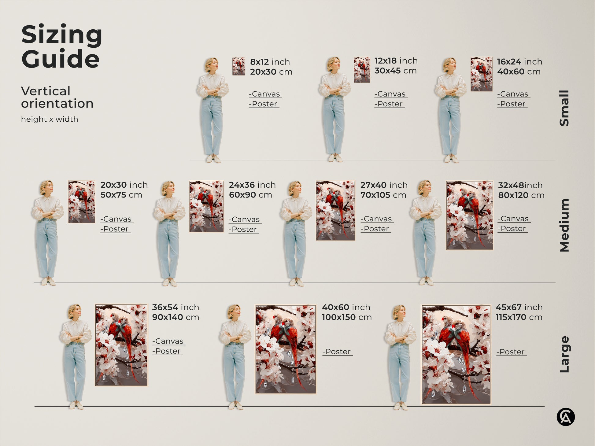 Sizing guide for canvas and poster prints. The artwork features parrots and cherry blossoms. Available in small medium and large sizes to fit your space. This romantic artwork will transform your space.