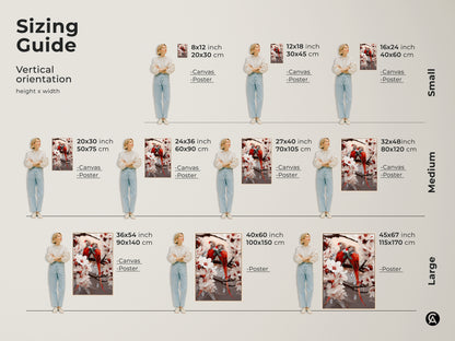 Sizing guide for canvas and poster prints. The artwork features parrots and cherry blossoms. Available in small medium and large sizes to fit your space. This romantic artwork will transform your space.