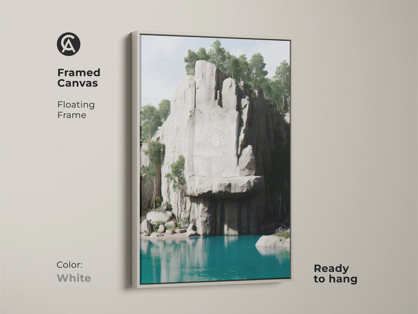 White framed canvas of a cliff lake landscape. This minimalist landscape art is ready to hang. The artwork brings outdoor scenery into your home. A tranquil lake wall decor.
