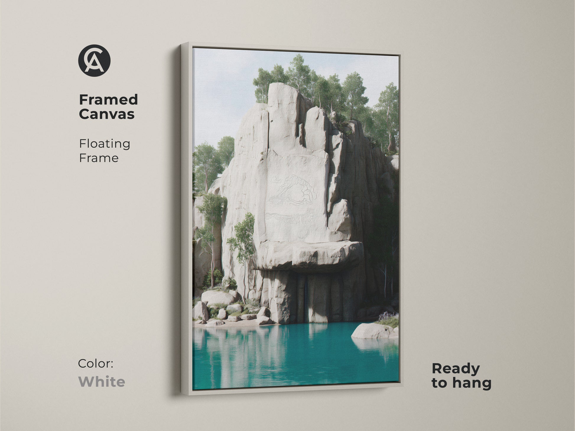 White framed canvas of a cliff lake landscape. This minimalist landscape art is ready to hang. The artwork brings outdoor scenery into your home. A tranquil lake wall decor.