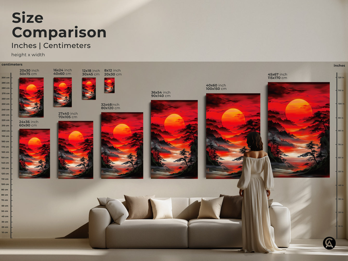 Size comparison of Asian landscape artwork with a red sunrise in inches and centimeters. See how different sizes fit above a sofa. Canvas and poster options are available. Eclectic home decor inspiration.