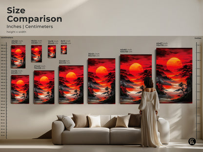 Size comparison of Asian landscape artwork with a red sunrise in inches and centimeters. See how different sizes fit above a sofa. Canvas and poster options are available. Eclectic home decor inspiration.
