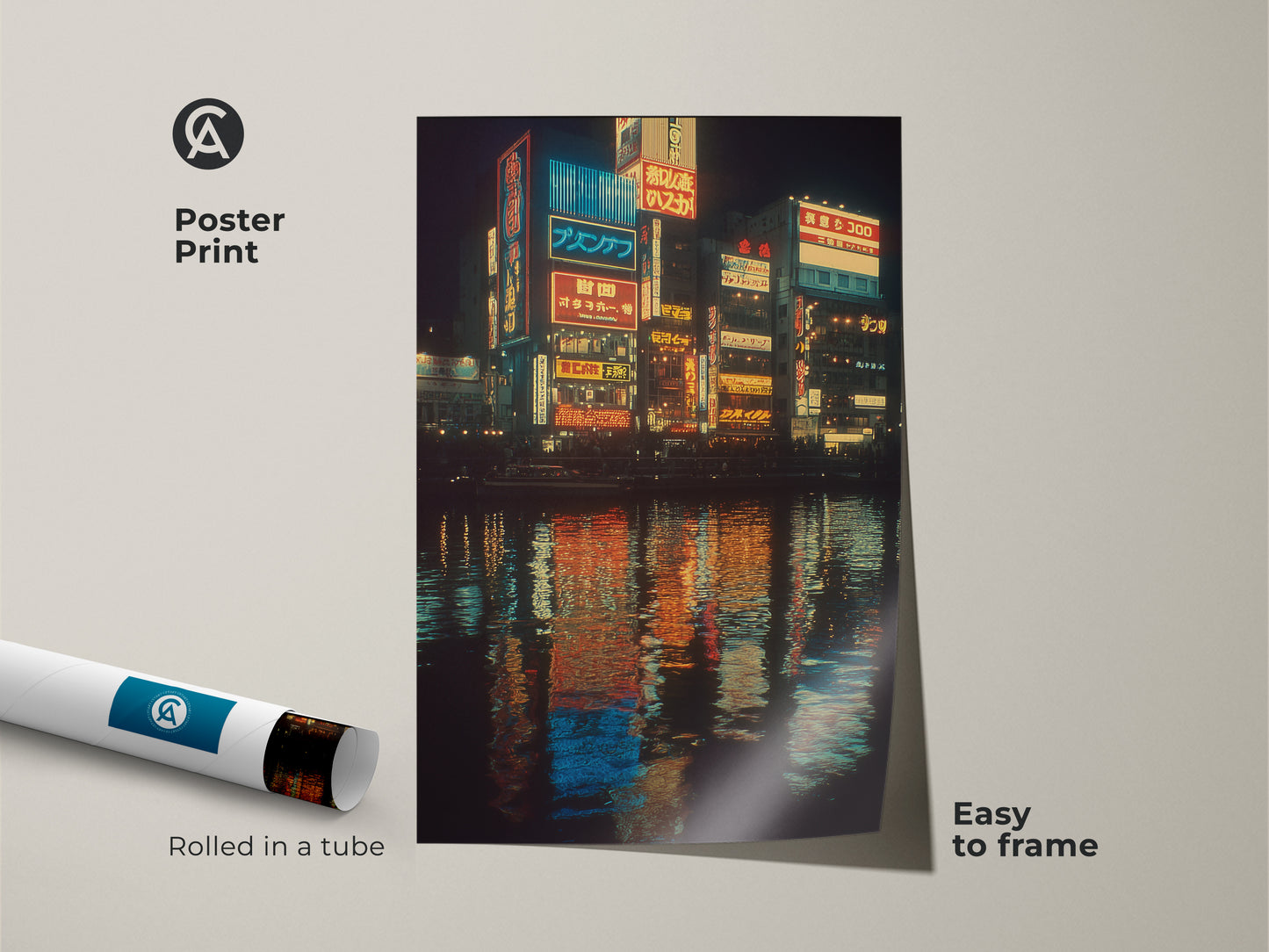 A poster print showcases a Japanese urban cityscape at night. The artwork captures the neon lights and water reflections. Rolled in a tube it is easy to frame. This blue yellow orange art is perfect for travel lovers.