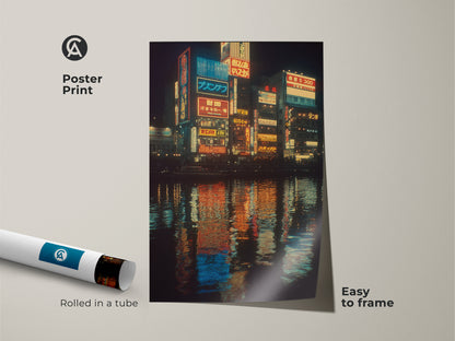 A poster print showcases a Japanese urban cityscape at night. The artwork captures the neon lights and water reflections. Rolled in a tube it is easy to frame. This blue yellow orange art is perfect for travel lovers.