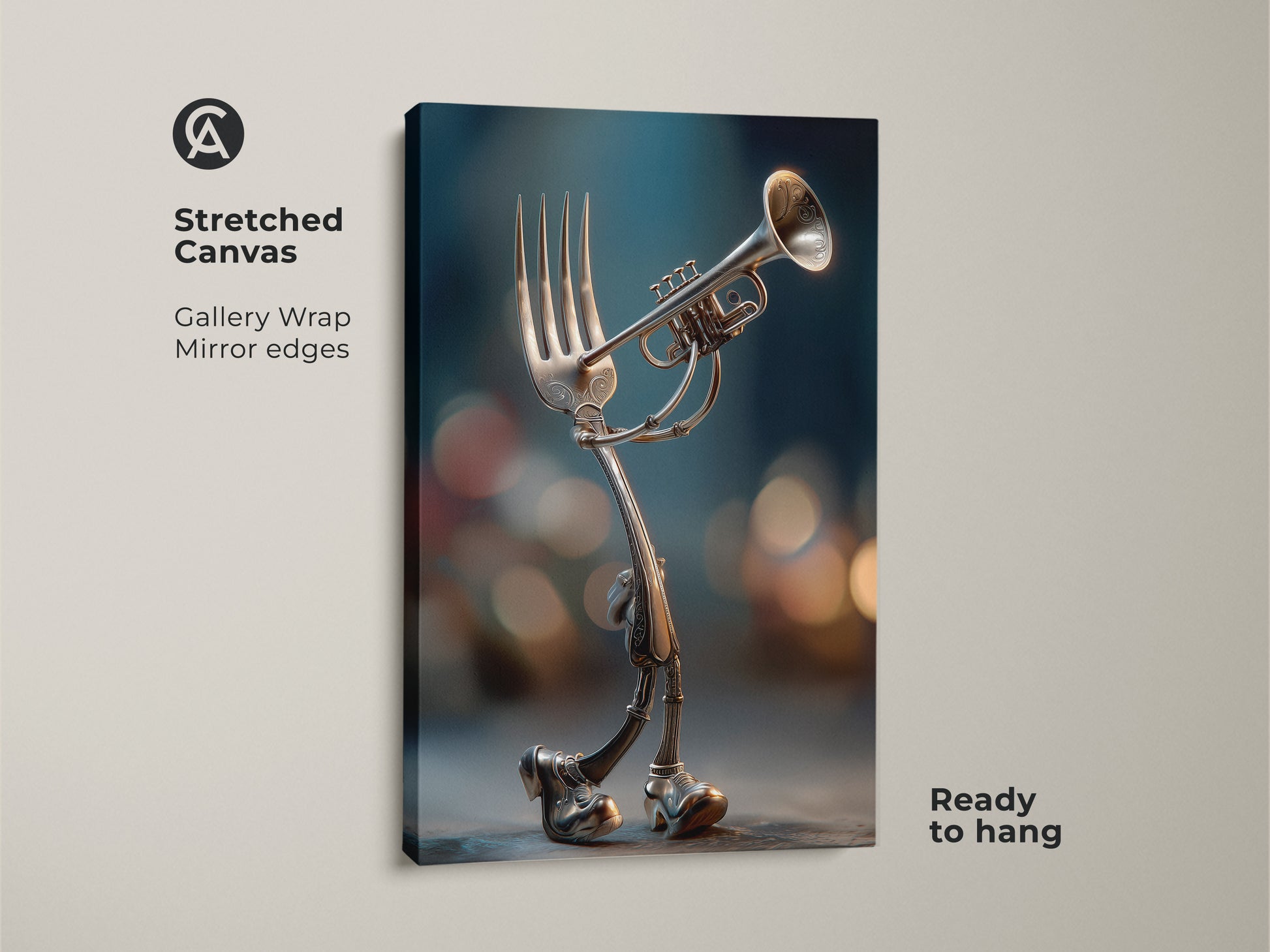Whimsical and surreal stretched canvas artwork shows a fork playing a trumpet. This gallery-wrapped canvas features mirrored edges. It is ready to hang. A unique decor piece for music enthusiasts. Get yours today.