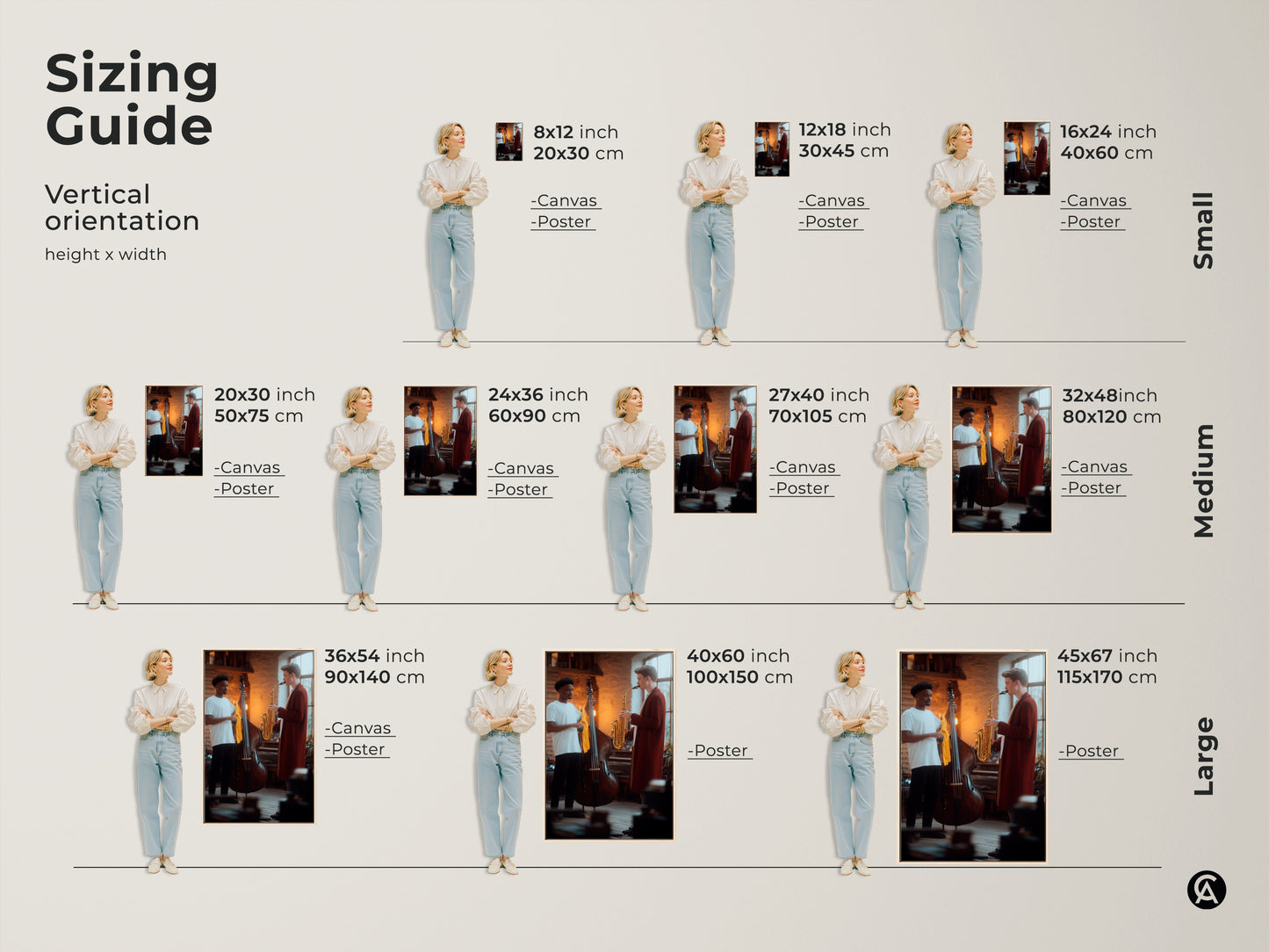 Discover the sizing guide for vertical contemporary musician artwork. Options include canvas or poster in small medium or large. Displaying a saxophonist and bass player these prints are ideal for a studio office or living area in warm gold and brown tones.