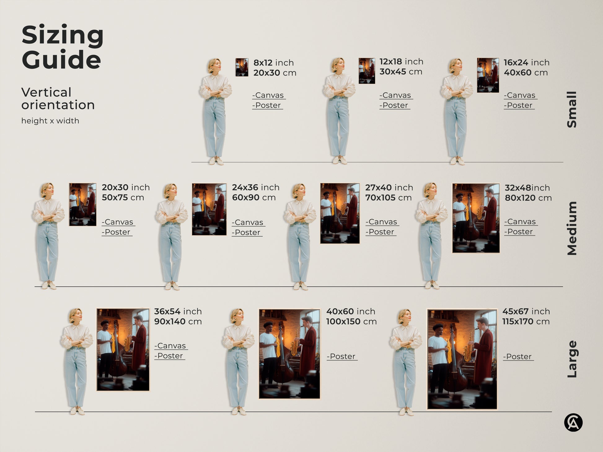 Discover the sizing guide for vertical contemporary musician artwork. Options include canvas or poster in small medium or large. Displaying a saxophonist and bass player these prints are ideal for a studio office or living area in warm gold and brown tones.