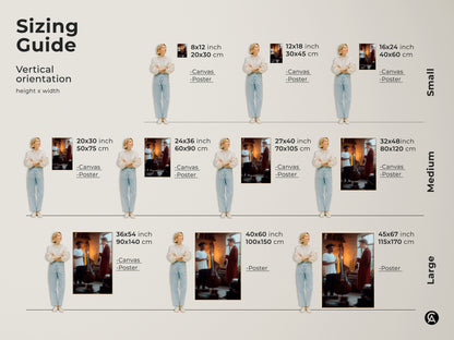 Discover the sizing guide for vertical contemporary musician artwork. Options include canvas or poster in small medium or large. Displaying a saxophonist and bass player these prints are ideal for a studio office or living area in warm gold and brown tones.
