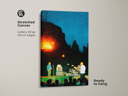 This gallery wrapped canvas art print captures a vibrant concert scene. Musicians play for the audience. The image has mirror edges and is ready to hang. The pointillism style uses blue orange and green. It is a unique decor for music fans.
