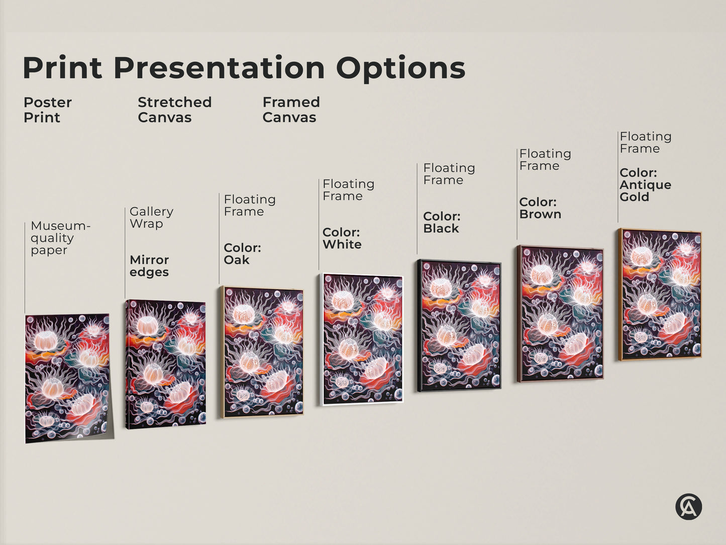 Explore print presentation options for abstract jellyfish art. Choose from poster prints stretched canvases and framed canvases. Options include floating frames in black brown white oak and antique gold. Perfect surreal underwater art to suit any eclectic home decor style. Find the ideal ocean lover gift today.
