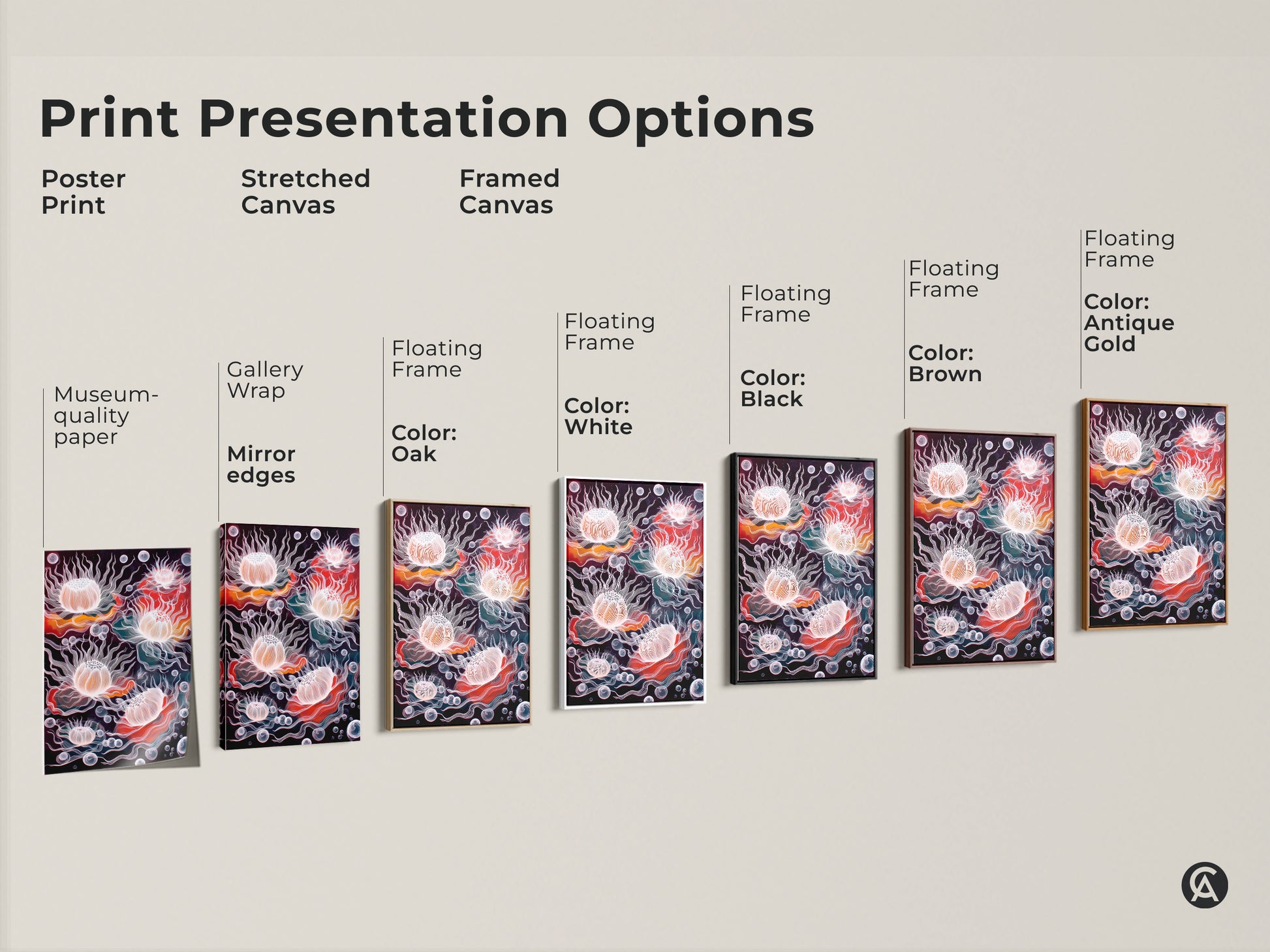 Explore print presentation options for abstract jellyfish art. Choose from poster prints stretched canvases and framed canvases. Options include floating frames in black brown white oak and antique gold. Perfect surreal underwater art to suit any eclectic home decor style. Find the ideal ocean lover gift today.