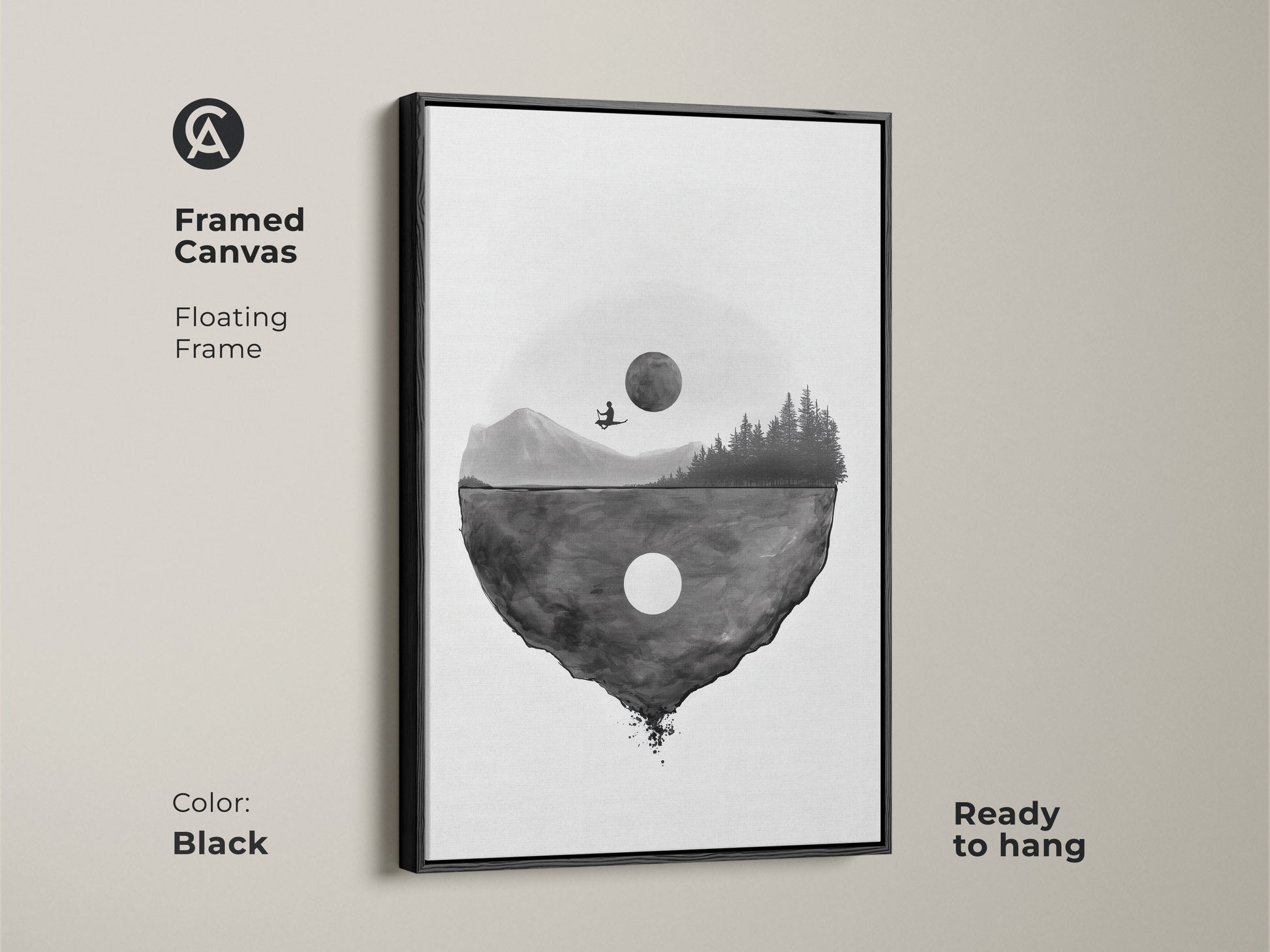 Framed canvas featuring surreal floating island art with a black floating frame. The minimalist moon landscape is ready to hang. The black and white abstract wall art brings a touch of fantasy and contemplation to a bedroom or living room.