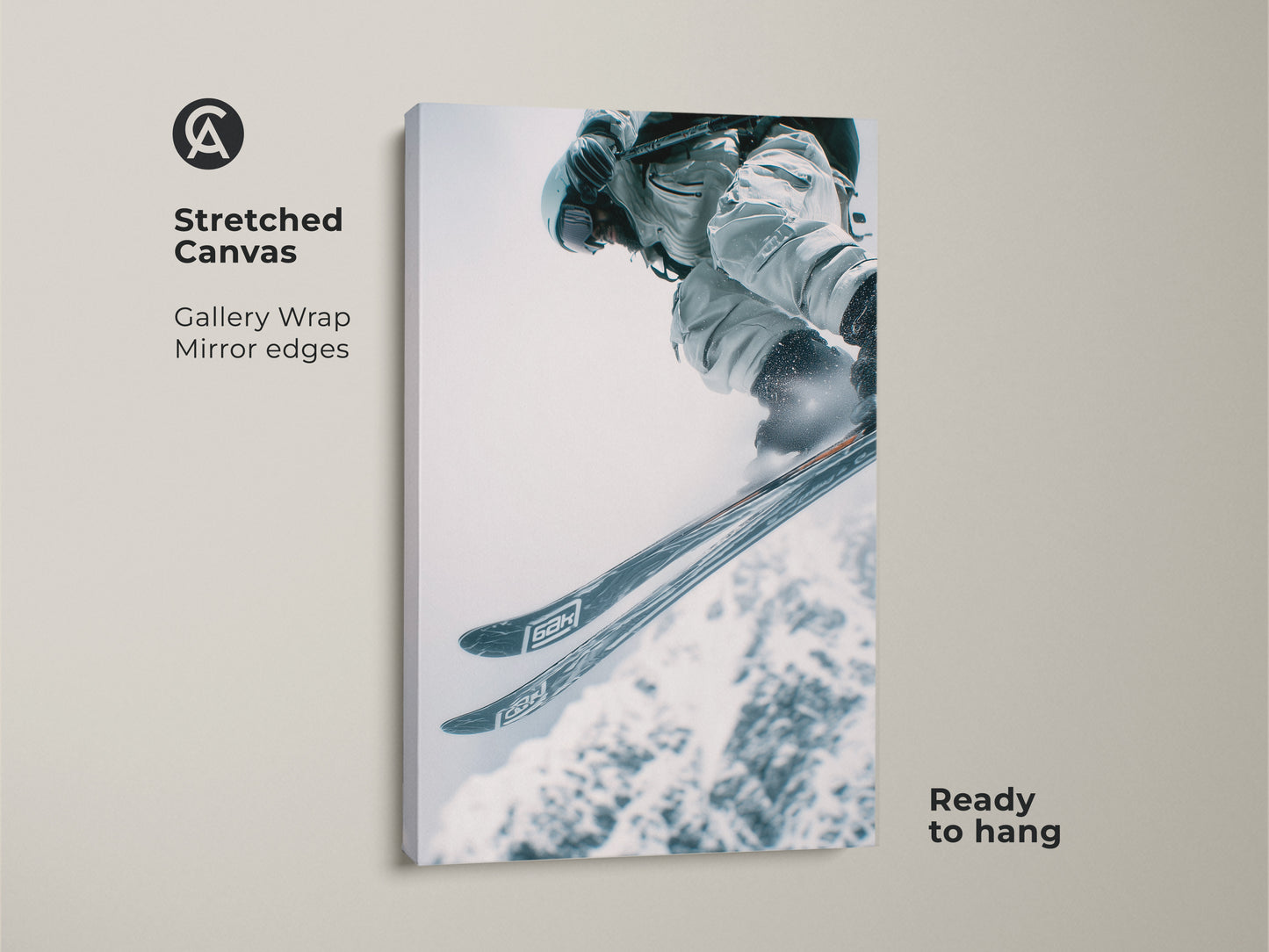 Stretched canvas artwork showcasing a skier performing a jump. The gallery wrap has mirrored edges. This enhances the visual appeal. It's a ready-to-hang piece. Perfect for adding action to any room.