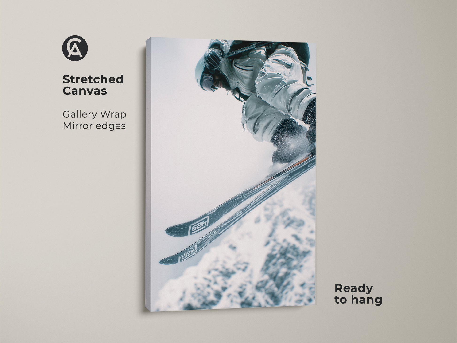 Stretched canvas artwork showcasing a skier performing a jump. The gallery wrap has mirrored edges. This enhances the visual appeal. It's a ready-to-hang piece. Perfect for adding action to any room.