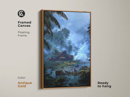 Framed canvas with an antique gold frame of a tropical river village. This floating frame enhances the digital artwork. The boho landscape wall art is ready to hang. The blue and teal tones create a peaceful jungle scene. A perfect housewarming gift.