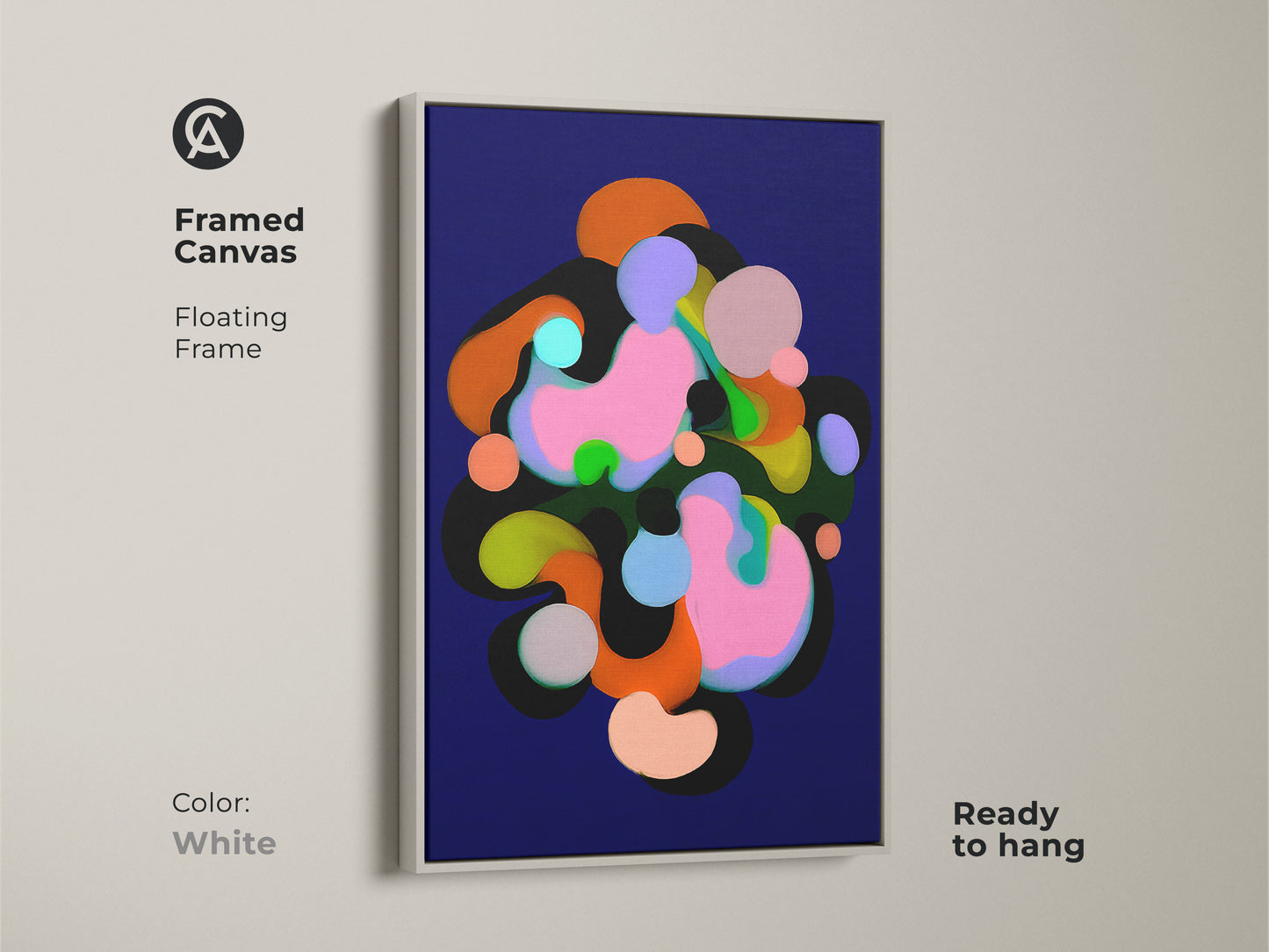 Framed canvas with a floating frame in white showcasing abstract art. The modern artwork features geometric shapes in colors like indigo pink and green. Ready to hang this contemporary print adds a touch of sophistication to any room's wall decor.