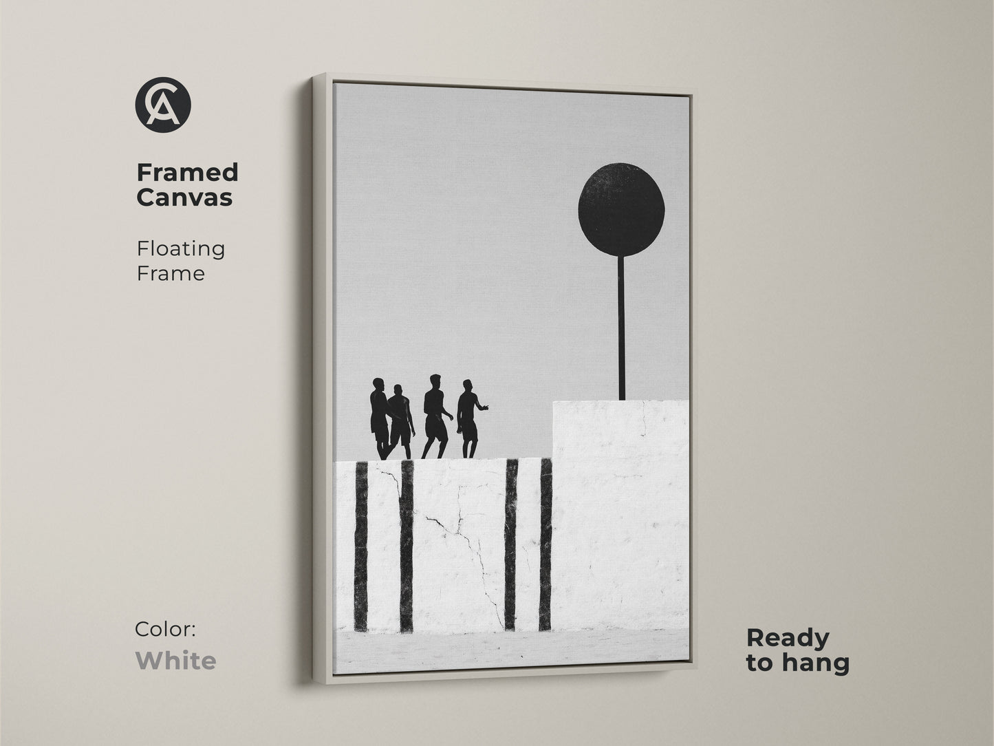 Framed canvas with a white floating frame showing a modern abstract art. Monochrome art of silhouetted figures with a black sphere. It is perfect minimalist home decor. The contemporary art is ready to hang.