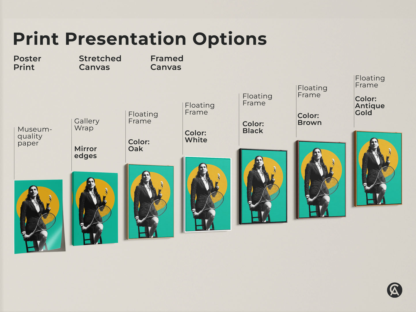Explore our print presentation options for tennis player artwork. Choose from poster prints stretched canvas and framed canvas. Each option showcases the contemporary yellow teal and black graphic style. Find the perfect presentation to match your decor and personal taste. Ideal gift for sports fans.