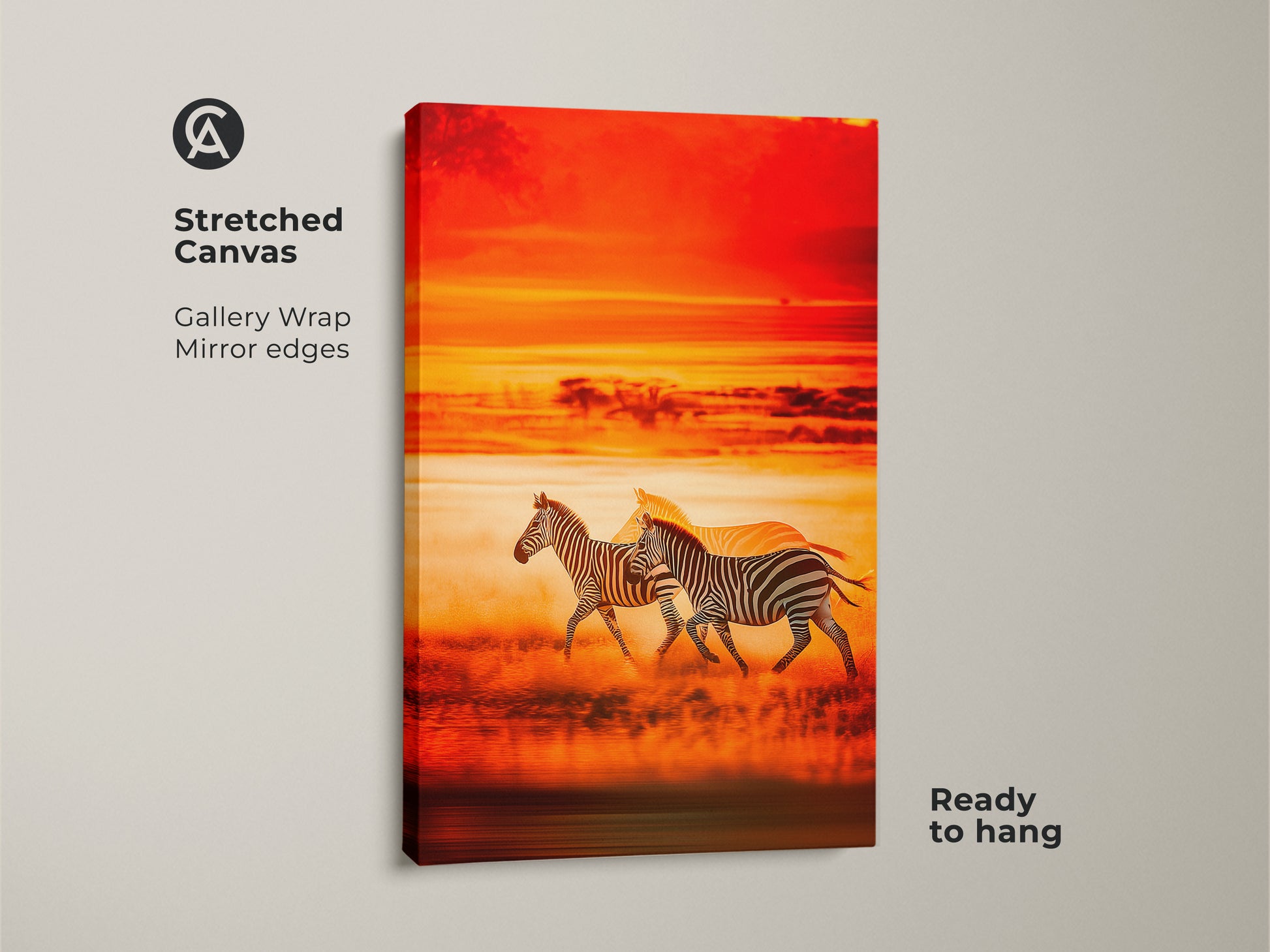 Stretched canvas print of zebras at sunset. The gallery wrap displays mirror edges. This African landscape artwork is ready to hang. Enjoy the warm orange gold in this savanna wildlife decor.