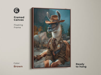 Brown framed canvas featuring the Cowboy Llama art in a floating frame. The artwork is a surreal animal portrait enhancing any eclectic home. This framed canvas is ready to hang as unique decor.