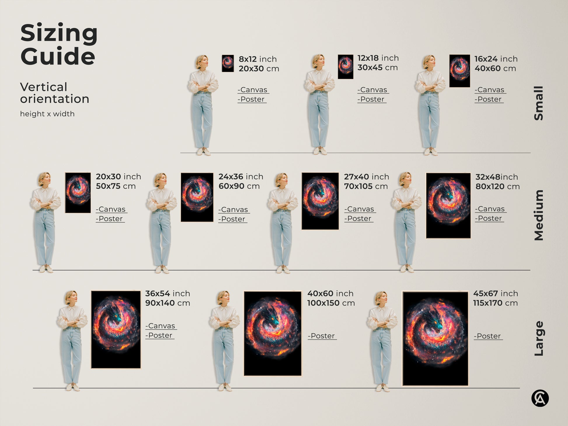 Sizing guide for cosmic dragon art prints. Vertical orientation with various sizes. Options include canvas and poster. Find the perfect size to match your space. Perfect for bedrooms living rooms and man caves.