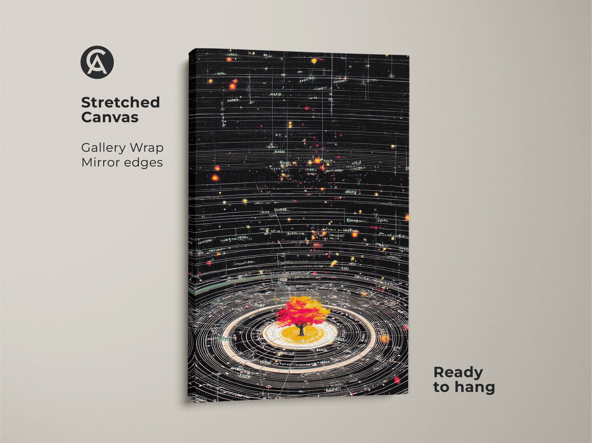 Stretched Canvas of Space Tree of Life Generative Art. Abstract cosmic artwork on a gallery wrap canvas with mirror edges. A ready-to-hang science inspired decor. Features black yellow red orbit wall art. Ideal as astronomy artwork or study room wall art.