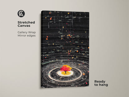 Stretched Canvas of Space Tree of Life Generative Art. Abstract cosmic artwork on a gallery wrap canvas with mirror edges. A ready-to-hang science inspired decor. Features black yellow red orbit wall art. Ideal as astronomy artwork or study room wall art.
