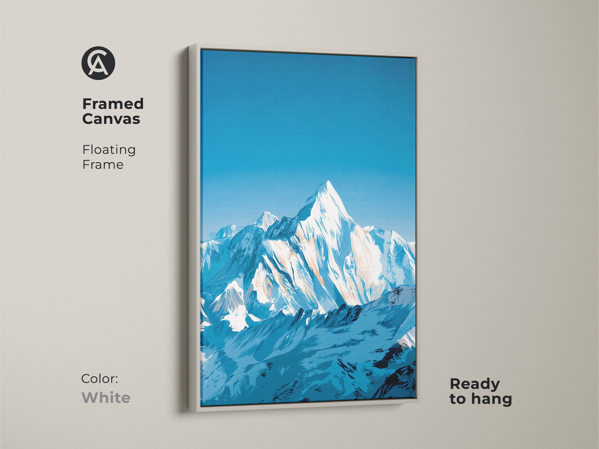 A white framed canvas features snowy mountain art. This deep blue landscape print uses modern stylized artwork. The nature scene art print is ready to hang. This digital landscape artwork enhances any space.