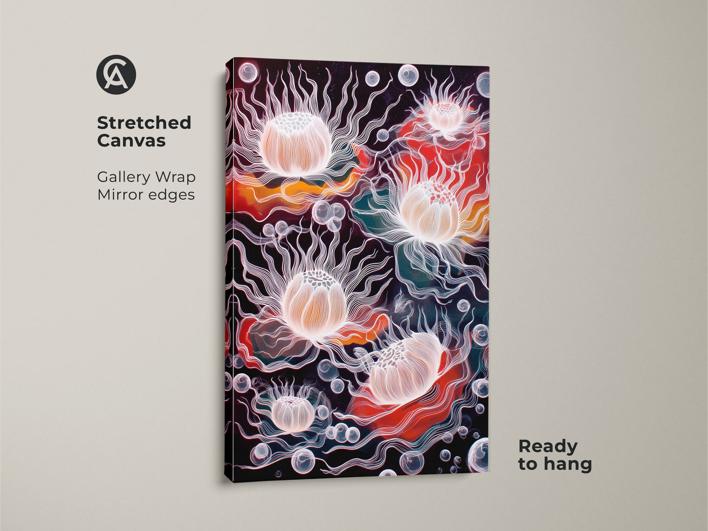 Stretched canvas print of abstract jellyfish artwork. The surreal underwater art showcases vibrant coral orange and teal hues. Ready to hang eclectic home decor. Features gallery wrapped edges and mirror edges. Ideal as ocean lover bedroom art. This line art jellyfish design adds a coastal living room touch.