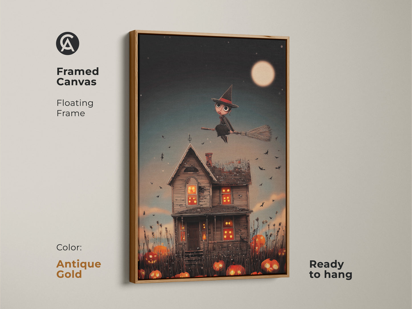 Framed canvas in antique gold shows a Halloween scene. The artwork depicts a cute witch flying over a haunted house with pumpkins. This ready-to-hang fantasy piece adds spooky charm. Perfect for kids' rooms and seasonal decor this antique gold framed canvas completes the look.