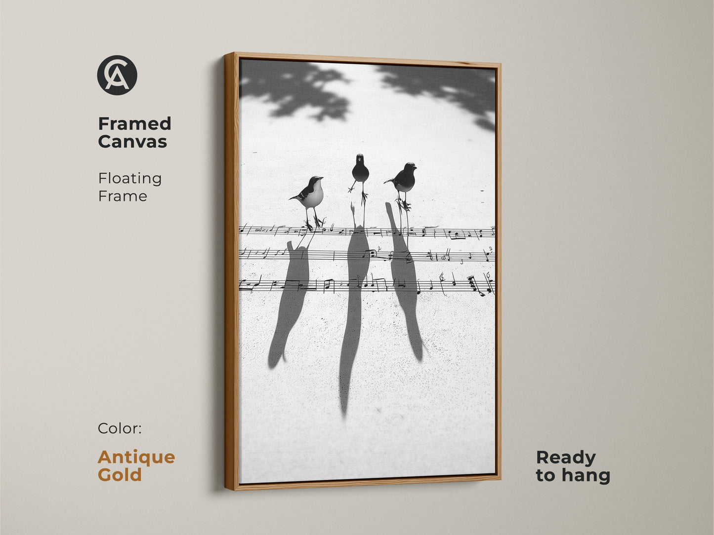 Antique gold framed canvas with birds perched on musical notes. This floating frame artwork brings a touch of elegance. Perfect for music lovers and contemporary homes.