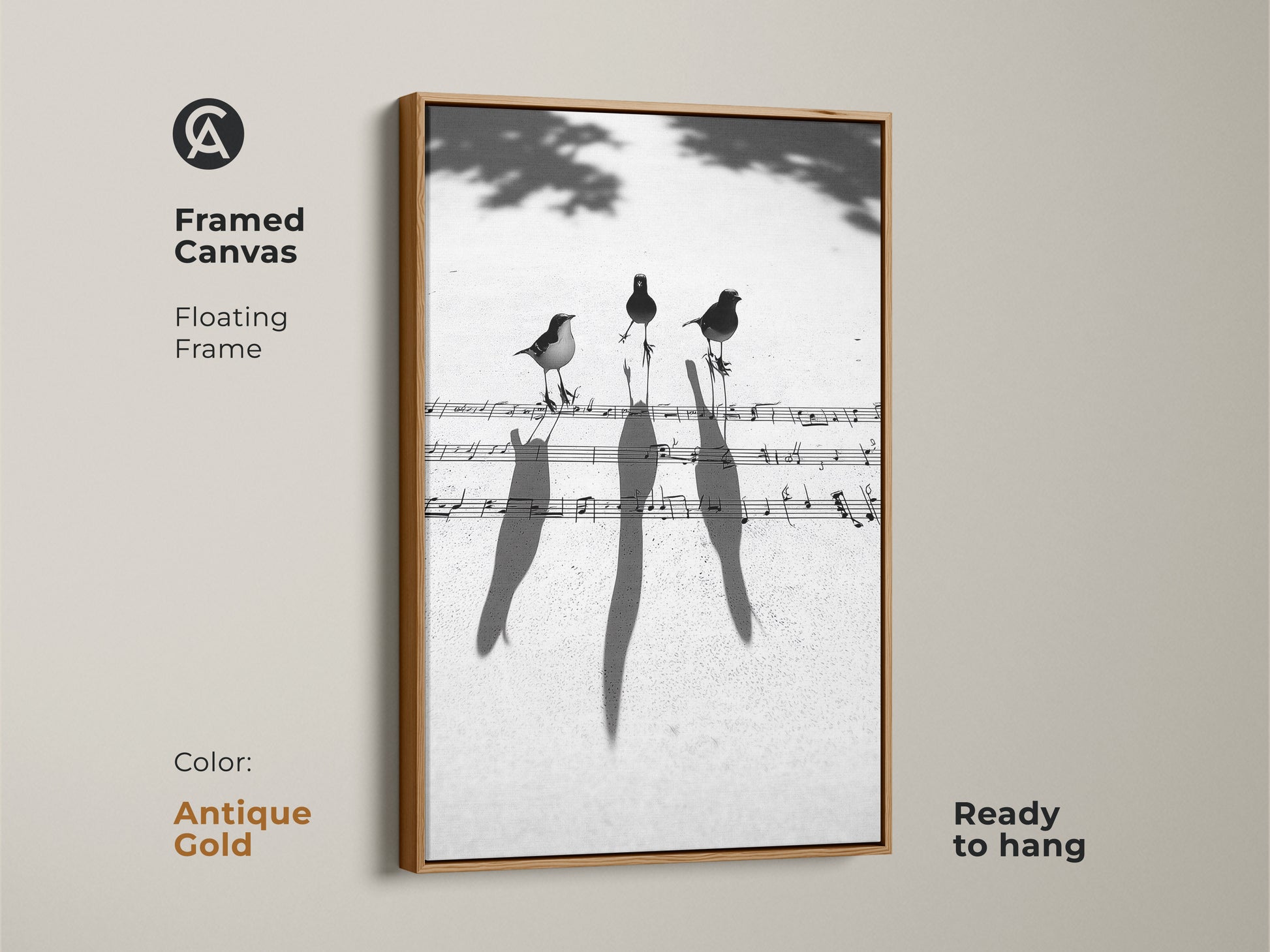 Antique gold framed canvas with birds perched on musical notes. This floating frame artwork brings a touch of elegance. Perfect for music lovers and contemporary homes.