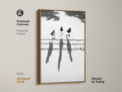 Antique gold framed canvas with birds perched on musical notes. This floating frame artwork brings a touch of elegance. Perfect for music lovers and contemporary homes.