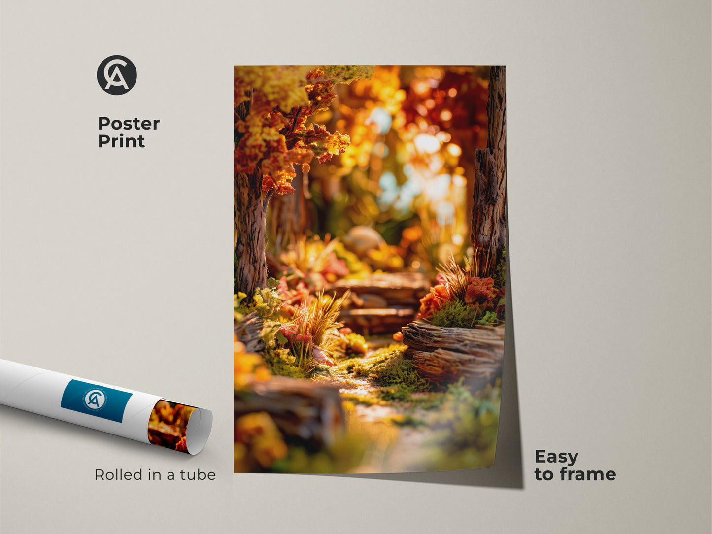 Poster print of a vibrant forest path. The artwork is rolled in a tube for protection. This affordable art print is easy to frame. The poster brings a touch of nature to any space. Perfect art for home or office.