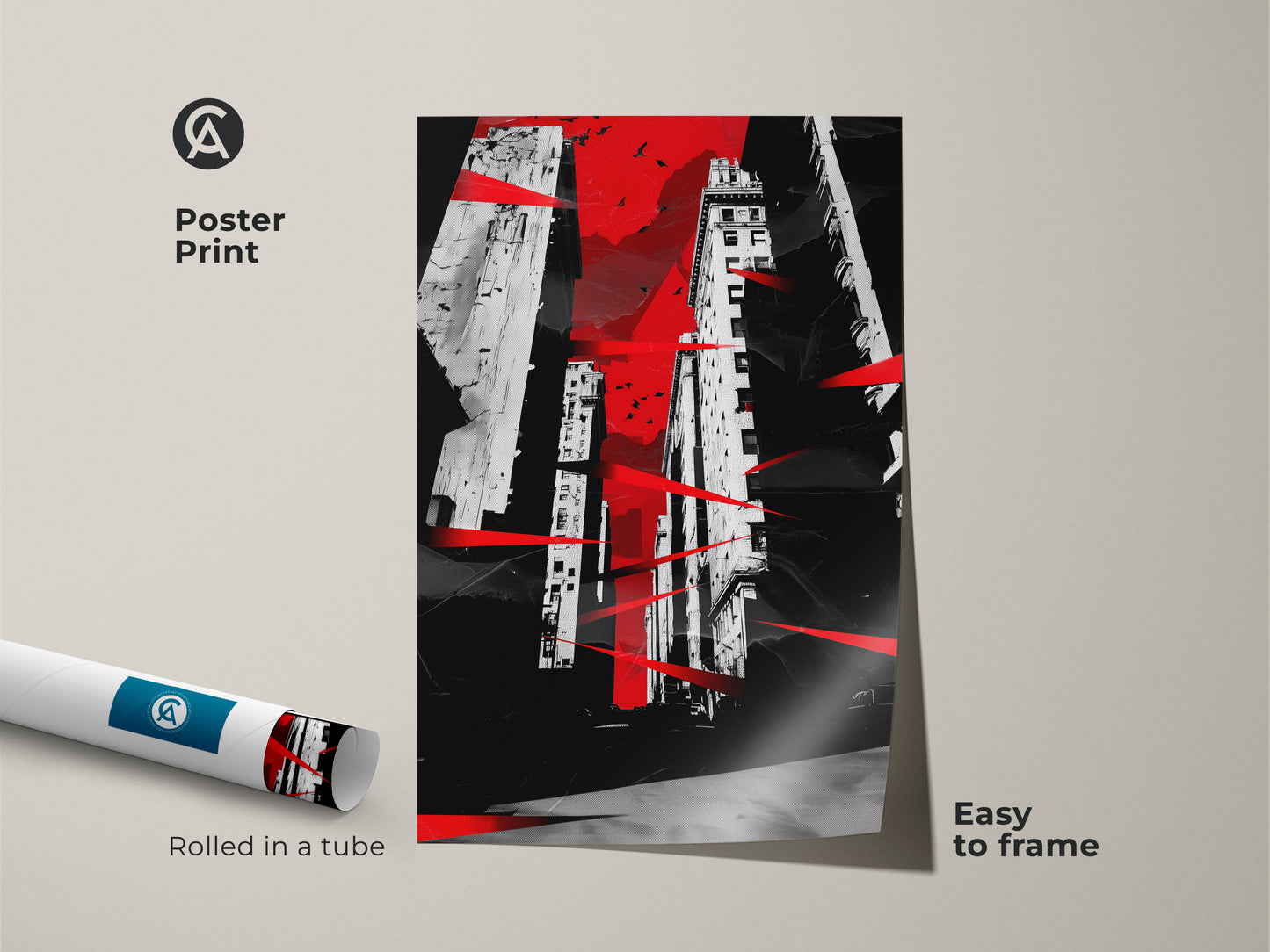 Poster print of abstract cityscape. Rolled in a tube and easy to frame. The red black and white buildings give a modern urban look. Contemporary architecture artwork with bird accents. Ideal for minimalist urban art. Enhances any apartment decor.