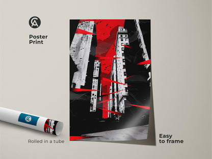 Poster print of abstract cityscape. Rolled in a tube and easy to frame. The red black and white buildings give a modern urban look. Contemporary architecture artwork with bird accents. Ideal for minimalist urban art. Enhances any apartment decor.