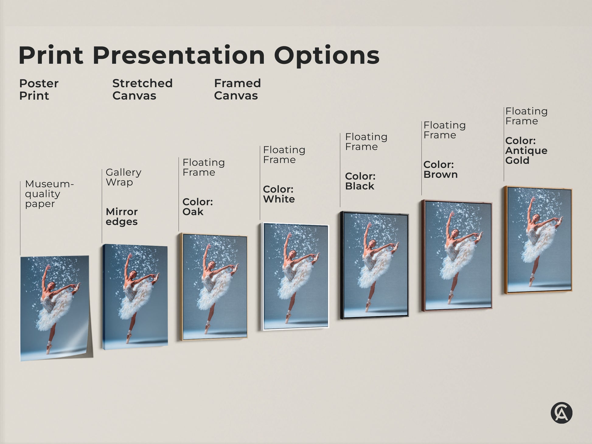 Print presentation options for ballerina art. Choose from poster prints stretched canvas or framed canvas. Frame colors include black brown antique gold and white. Each art piece features a ballerina in a white tutu.