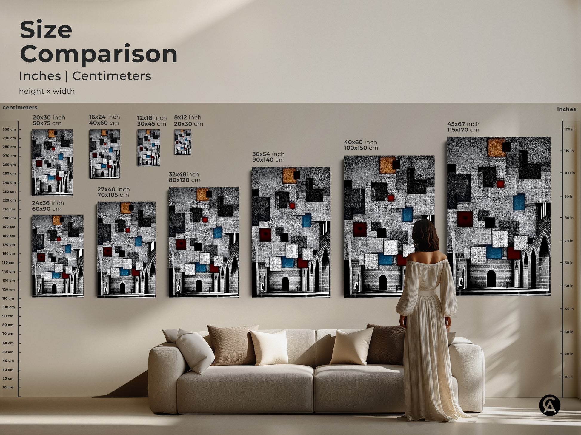 Size comparison of geometric art prints. These abstract architecture canvases range from small to large sizes. Visualize how this modern cityscape art fits above your sofa. It is an ideal art piece.