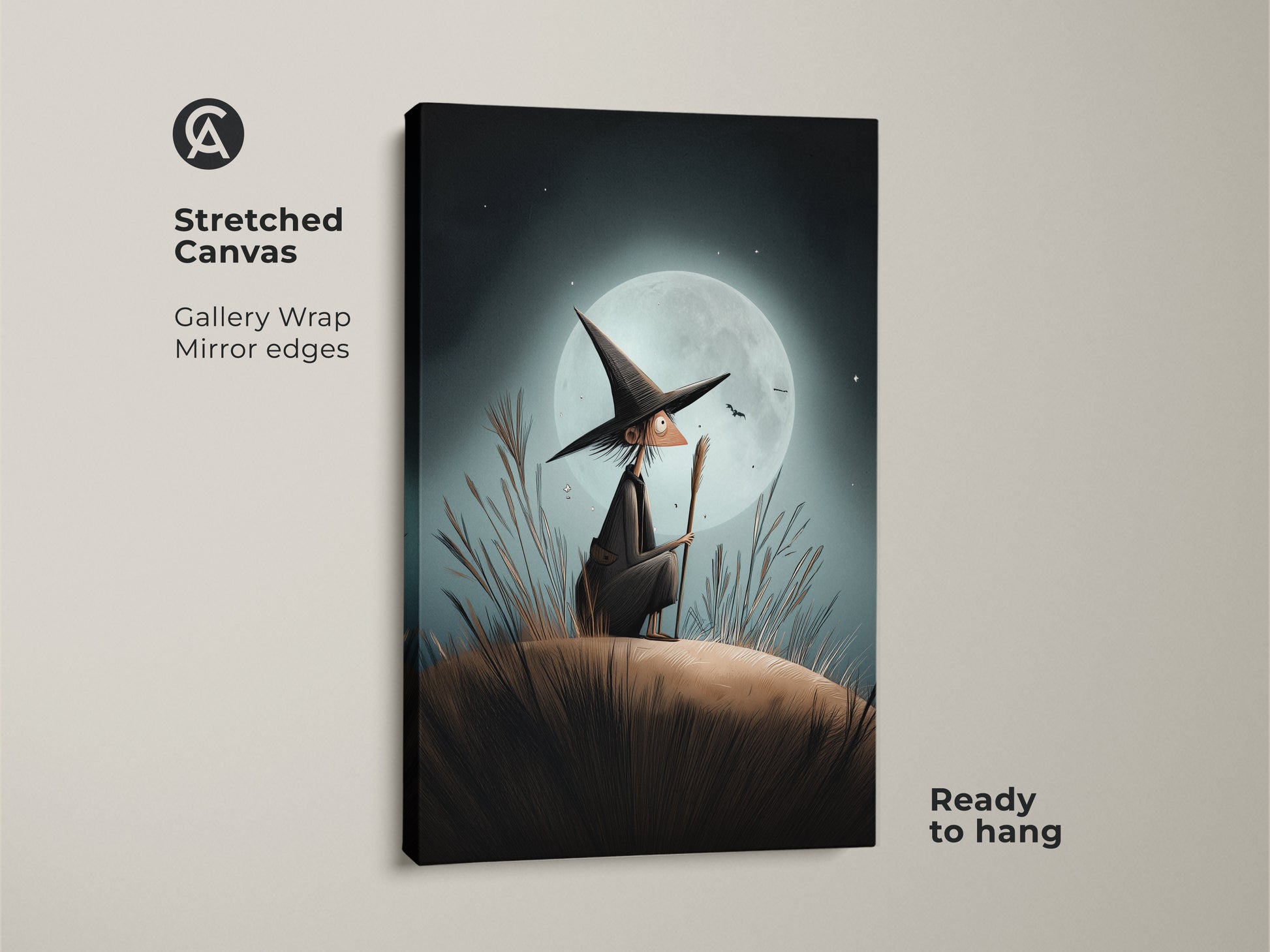 Stretched canvas gallery wrap of moon gazing witch wall art. The dark blue witch canvas adds an eclectic touch to any space. Ready to hang this teal accent art print is a fantastic Halloween bedroom decor.