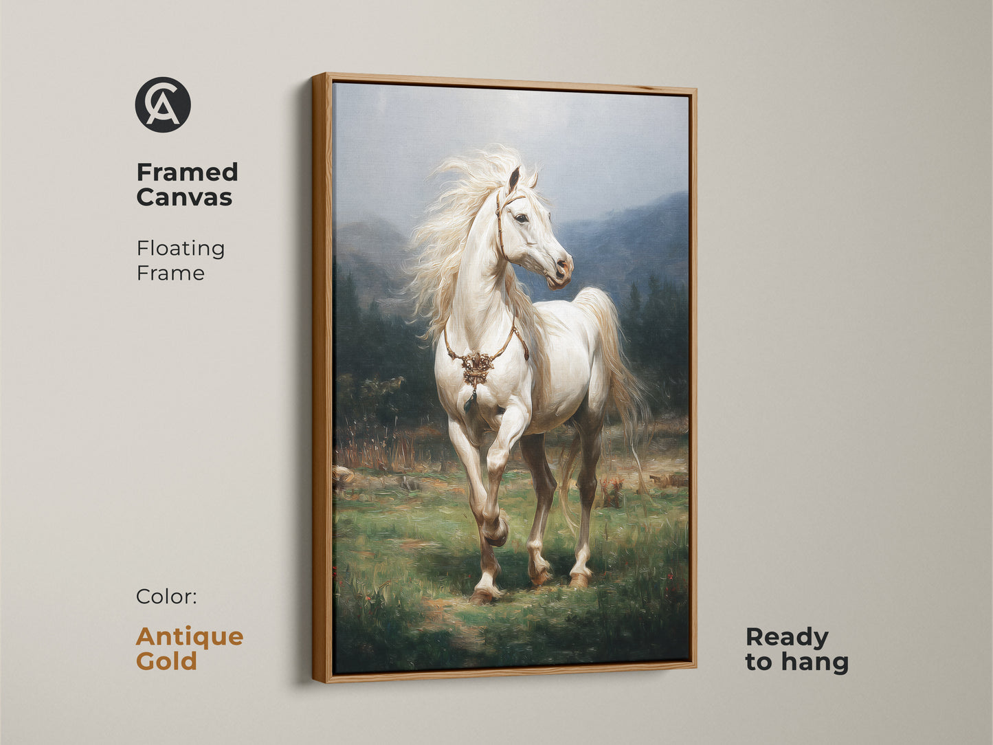 This framed canvas features a realistic white horse in a rustic green landscape. Ready to hang the antique gold floating frame enhances the artwork. It is a perfect equestrian wall decor for any home. This print captures the serene beauty of nature. It is an ideal gift for horse enthusiasts.