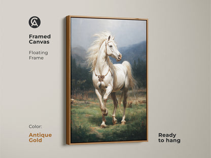 This framed canvas features a realistic white horse in a rustic green landscape. Ready to hang the antique gold floating frame enhances the artwork. It is a perfect equestrian wall decor for any home. This print captures the serene beauty of nature. It is an ideal gift for horse enthusiasts.