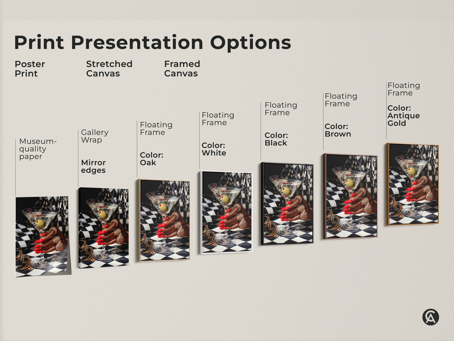 Print presentation options for martini art including poster print stretched canvas and framed canvas. Museum-quality paper gallery wrap and floating frame options in black brown oak antique gold and white. Glamorous art deco artwork with gold jewelry red nails and a black and white checkered background.