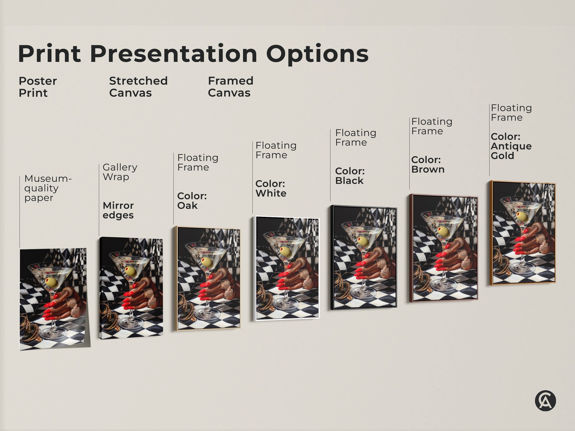 Print presentation options for martini art including poster print stretched canvas and framed canvas. Museum-quality paper gallery wrap and floating frame options in black brown oak antique gold and white. Glamorous art deco artwork with gold jewelry red nails and a black and white checkered background.